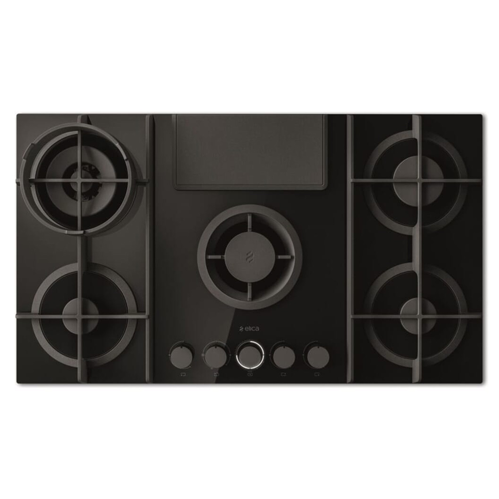 b8b2a5e6d76b30de2cfaf0c2c5e349d5.jpg ELICA 90CM 4 BURNER GAS HOB WITH DOWNDRAFT EXTRACTOR- BLACK GLASS AND CAST IRON POT GRIDS - Image 1